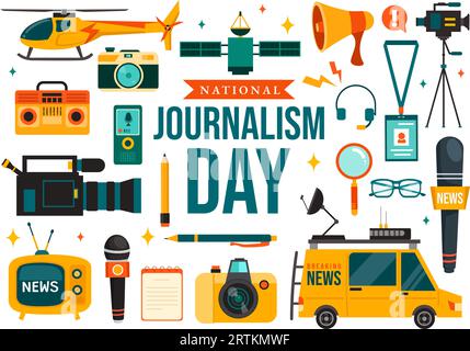 Giornata nazionale del giornalismo illustrazione vettoriale per il riconoscimento e l'apprezzamento per gli sforzi incessanti dei giornalisti con Journal Equipments Design Illustrazione Vettoriale