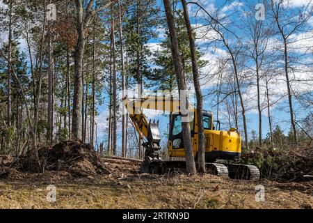 Per la preparazione di un nuovo cantiere edile viene utilizzata una macchina da escavatore giallo o una scavatrice con benna e cingoli. Foto Stock