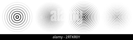 Set di cerchi di ripple concentrici neri. Raccolta di suoni tratteggiati o lineari. Concetto di icona epicentro, target, radar, sonar. Elementi di vibrazione o segnale radiale. Illustrazione vettoriale dei mezzitoni Illustrazione Vettoriale