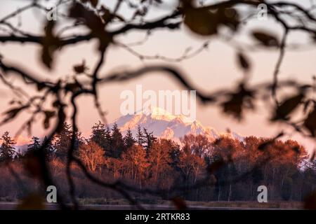Cima del monte Baker vista dal lago Terrell vicino a Bellingham, Washington, USA Foto Stock