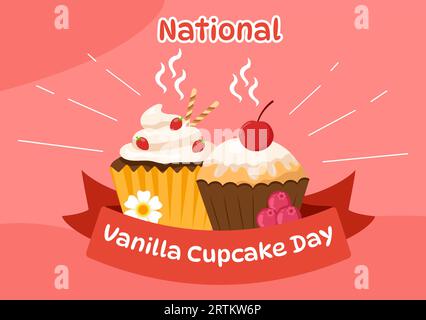Illustrazione vettoriale del National Vanilla Cupcake Day il 10 novembre di Cupcakes con fragole e crema di vaniglia in un disegno a sfondo rosa Illustrazione Vettoriale