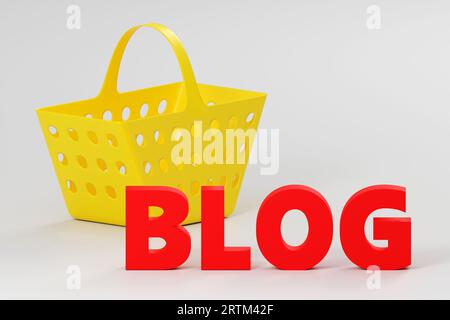 Blog con iscrizioni rosse di lusso su podio grigio, luce soffusa, vista frontale sfondo liscio, rendering 3d. Foto Stock