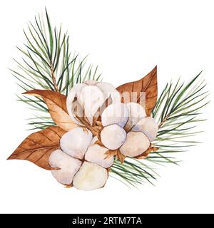 Illustrazione ad acquerello di bastoncini di cotone, foglie asciutte con rami di pino. Clipart isolati. Composizione botanica realistica. Invito al matrimonio, Holiday Foto Stock