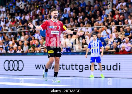 Stoccarda, Germania. 1 settembre 2023. Pallamano: Bundesliga, TVB Stoccarda - Füchse Berlin, Porsche Arena. I gesti di Fabian Wiede di Berlino. Credito: Tom Weller/dpa/Alamy Live News Foto Stock