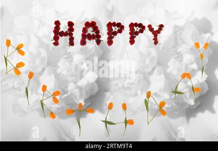 Buon compleanno con rose rosse, tulipani gialli, camelia, per festeggiare. Foto Stock