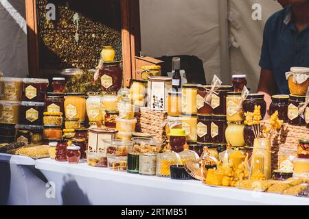 Vende miele biologico biologico naturale, polline, candele di cera d'api e altri prodotti apicoli in un mercato di Street food a Vilnius, Lituania, Europa Foto Stock