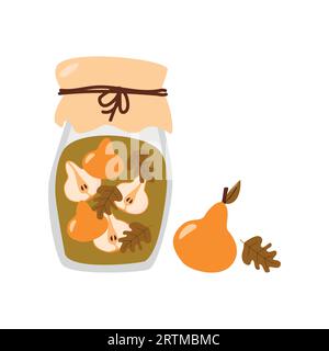 cartoni animati fatti in casa con pere fresche in vaso di vetro dai colori vivaci Illustrazione Vettoriale