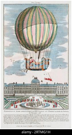 Il primo volo in mongolfiera a idrogeno con equipaggio è stato lanciato il 1 dicembre 1783 dal Jardin des Tuileries di Parigi, pilotato da Jacques Charles e Marie-Noel Robert, incisione colorata a mano, 1783 Foto Stock