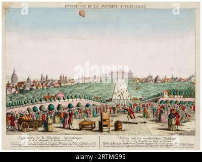 La mongolfiera ad aria calda dei fratelli Montgolfier "The Aerostatic Globe" salendo dal Champ de Mars, Parigi, Francia, il 27 agosto 1783, Hand-Colored Etching, 1783 Foto Stock