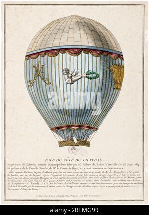 La mongolfiera «Marie Antoinette» utilizzata da Jean-Francois Pilâtre de Rozier (1754-1785) a Versailles il 23 giugno 1784, incisione colorata a mano, 1784-1789 Foto Stock