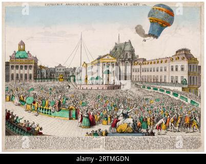 Mongolfiera lanciata dai fratelli Montgolfier che salirono dal Palazzo di Versailles, in Francia, prima di Luigi XVI e della famiglia reale, 19 settembre 1783, incisione colorata a mano, 1783 Foto Stock
