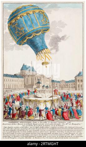 19 settembre 1783, i fratelli Montgolfier lanciarono una mongolfiera che trasportava animali dal castello di Versailles di fronte a Luigi XVI e alla famiglia reale, incisione colorata a mano, 1783 Foto Stock