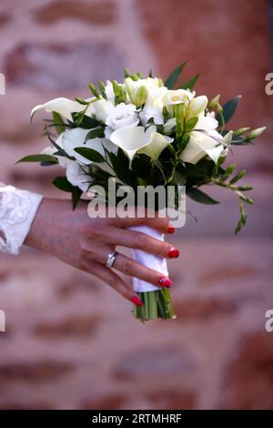 Una sposa con un abito da sposa bianco con bouquet bianco. Saint Amour. Francia. Foto Stock