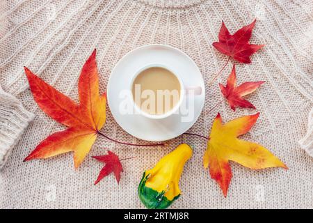Tazza di caffè, zucca gialla e foglie autunnali su maglione a maglia rosa, vista dall'alto. Concetto di autunno. Foto Stock