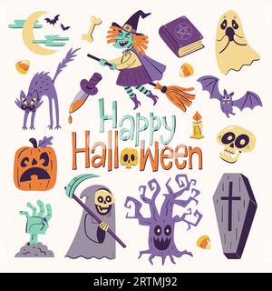 Simpatica illustrazione di Halloween con 16 clipart colorati isolati. Elementi inquietanti di halloween per festeggiare una notte spaventosa: Divertente strega che vola, fantasmi spaventati Illustrazione Vettoriale