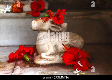 Tempio indù nel villaggio di Babra, Maharashtra, India. Nandi Bull mirth (statua) Foto Stock