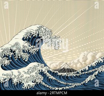 Giapponese Great Wave Sea Japan inciso Art Design Illustrazione Vettoriale