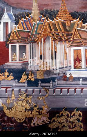 Tempio di Wat Phra Kaew. Scena dal Ramakien (Ramayana tailandese) in un murale. Pittura. Bangkok. Thailandia. Foto Stock