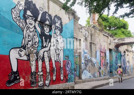 Arte di strada nel quartiere Getsemani di Cartagena, Colombia. Foto Stock