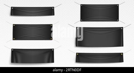 Blank canvas banners mockup. Horizontal fabric flags, textile sheet hanging on ropes. Empty black cloth placards with folds isolated on transparent ba Stock Vector