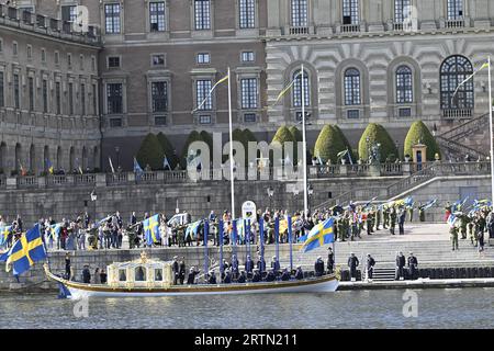 Stoccolma, Sverige. 14 settembre 2023. The Royal Barge of Sweden, The Vasa Order, provando a Stoccolma, Svezia, il 14 settembre, 2023, in vista della processione reale di sabato in occasione del 50° anniversario dell'ascesa al trono di Carlo XVI Gustavo. Foto: Anders Wiklund/TT/code 10040 credito: TT News Agency/Alamy Live News Foto Stock