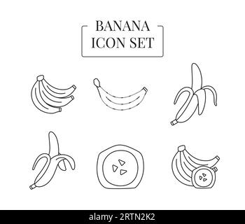 Frutta banana intera e metà, tagliata a fette, serie di icone di linea in vettore Illustrazione Vettoriale