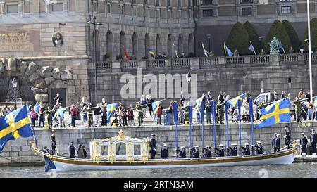 Stoccolma, Sverige. 14 settembre 2023. The Royal Barge of Sweden, The Vasa Order, provando a Stoccolma, Svezia, il 14 settembre, 2023, in vista della processione reale di sabato in occasione del 50° anniversario dell'ascesa al trono di Carlo XVI Gustavo. Foto: Anders Wiklund/TT/code 10040 credito: TT News Agency/Alamy Live News Foto Stock