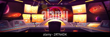 Spazio cabina di pilotaggio interno cartoon sfondo vettoriale. Futuristica stazione di controllo del pannello alieno nella cabina della navicella spaziale nasa con finestra per la vista della galassia Illustrazione Vettoriale