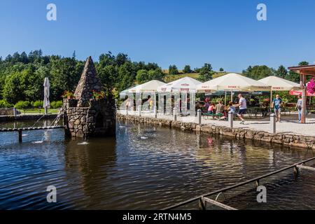 KAMIENCZYK, POLONIA - 14 LUGLIO 2020: Veduta di un vivaio di pesci e di un ristorante nel villaggio di Kamienczyk, Polonia Foto Stock