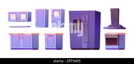 Set illustrazioni vettoriali per mobili e attrezzature da cucina. Moderni armadi da cucina e cassetti, grande frigorifero, piano cottura con forno ed estratto Illustrazione Vettoriale