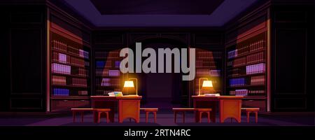 Biblioteca pubblica di notte con molti libri sugli scaffali e scrivanie da lavoro con lampade. Illustrazione di cartoni animati vettoriali di una grande stanza buia con scaffali. University Illustrazione Vettoriale
