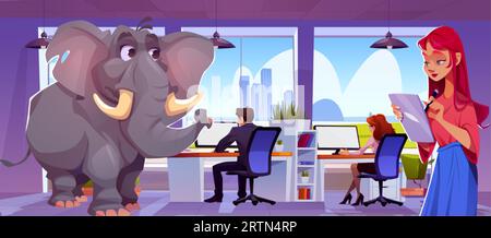 Uomini d'affari che lavorano su computer, elefant nel mezzo dell'ufficio aziendale. Illustrazione di cartoni animati vettoriali di dipendenti impegnati con il progetto, concetto di igno Illustrazione Vettoriale