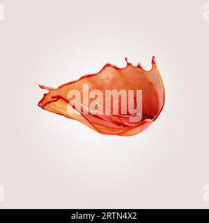 Spruzzo e onda lievitante rosso trasparente con gocce su sfondo beige. Vernice liquida, concetto di esplosione del colore. Tendenze principali nel design moderno Foto Stock