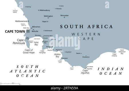 Regione del Capo di buona speranza in Sud Africa, mappa politica grigia. Da città del Capo e la Penisola del Capo, a Capo Agulhas, la punta più meridionale del continente africano Foto Stock