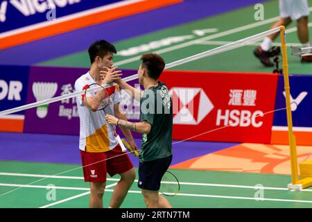 Hong Kong, Cina. 13 settembre 2023. Lee Cheuk Yiu di Hong Kong Cina gioca durante il singolo round maschile del 32 match contro il Weng Hong Yang della Cina il secondo giorno dei campionati di badminton VICTOR Hong Kong Open 2023 all'Hong Kong Coliseum. Punteggio finale; Hong Kong, Cina 2:0 Cina. Credito: SOPA Images Limited/Alamy Live News Foto Stock