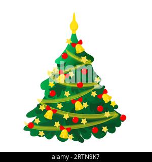 Albero di Natale decorato con giocattoli e palle e stelle e ghirlanda in stile cartoni animati. Illustrazione festiva isolata su sfondo bianco. Illustrazione Vettoriale