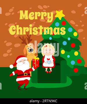 Babbo Natale ha in mano un regalo per la signora Babbo Natale. La madre di Natale siede su un divano in casa e beve cioccolata calda con marshmallow. Illustrazione Vettoriale