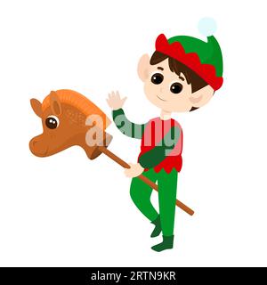 Un elfo cavalca un cavallo giocattolo su un bastone. Il ragazzo saluta, è felice. Il bambino indossa abiti tradizionali per elfi. Illustrazione di Natale dei cartoni animati. Illustrazione Vettoriale