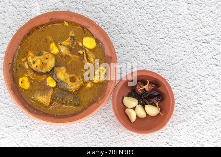 Curry di pesce servito in tradizionale vaso di fango con ingredienti di pesce al curry. Curry di pesce fresco con peperoncino, pepe e aglio. Speciale curry di pesce dell'India meridionale. Foto Stock