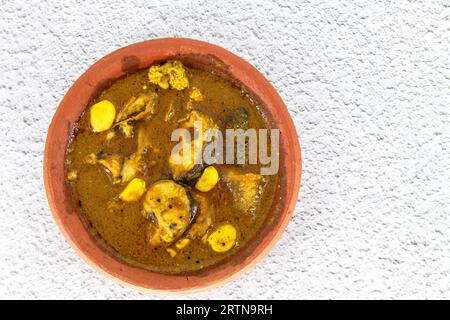 Curry di pesce servito in tradizionale vaso di fango con ingredienti di pesce al curry. Curry di pesce fresco con peperoncino, pepe e aglio. Speciale curry di pesce dell'India meridionale. Foto Stock