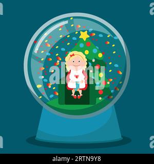 In un globo di neve di vetro la signora Babbo Natale è a maglia in una casa. Madre Natale è seduta su una sedia vicino a un albero di Natale decorato. Illustrazione Vettoriale