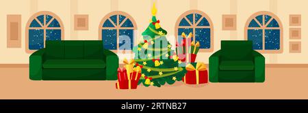 Una stanza dall'interno in una casa decorata prima di Natale. La camera dispone di finestre, un divano verde e una poltrona, un albero di Natale e confezioni regalo. Illustrazione Vettoriale