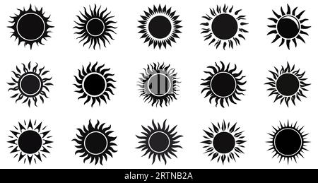 Icona Sole. Icona del sole nero in design piatto. Set di simboli solari. Illustrazione vettoriale. Illustrazione Vettoriale
