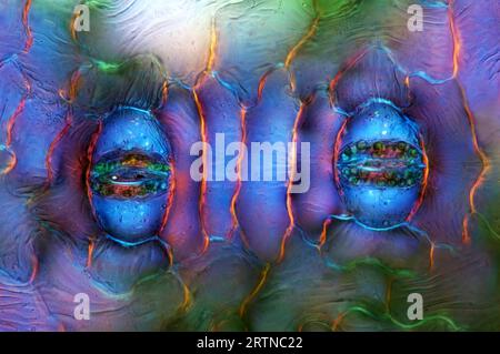 L'immagine presenta stomata nell'epidermide delle foglie di Spathiphyllum, fotografata attraverso il microscopio in luce polarizzata con un ingrandimento di 400X Foto Stock