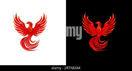 Modello di design del logo phoenix rosso astratto su sfondo bianco e nero. Logotipo illustrazione vettoriale. Illustrazione Vettoriale