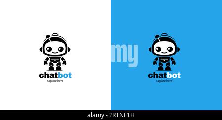 Illustrazione del vettore del disegno dell'icona della testa del robot chatbot su sfondo bianco e blu. Simpatico personaggio della mascotte aiutante bot ai . Illustrazione Vettoriale