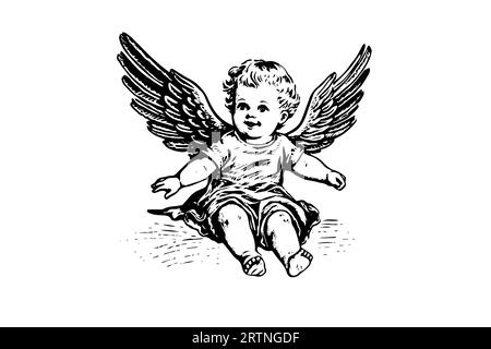 Illustrazione in bianco e nero con incisione in stile retrò a vettoriale Little Angel. Carino bambino con le ali. Illustrazione Vettoriale