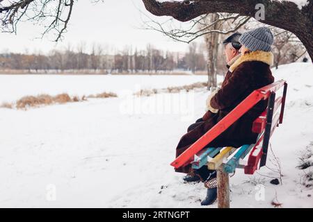 Coppia di anziani seduti sulla panchina all'aperto durante il clima invernale innevato. Gli anziani che si rilassano nel parco godendosi il paesaggio indossando abiti caldi. Foto Stock