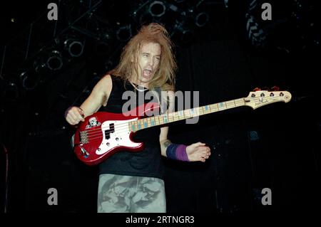 Milano Italia 1993-11-18: Billy Sheehan bassista del gruppo Mr.Big in concerto al Palatrussardi Foto Stock