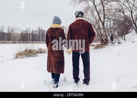 Vista sul retro di una coppia di anziani che cammina all'aperto durante il clima invernale innevato. Uomo e donna tengono per mano l'appuntamento. Foto Stock